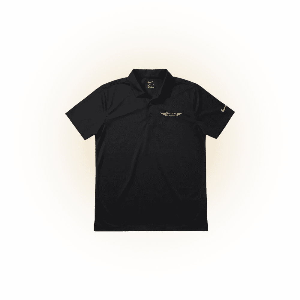 Black polo shirt with embroidered logo design.