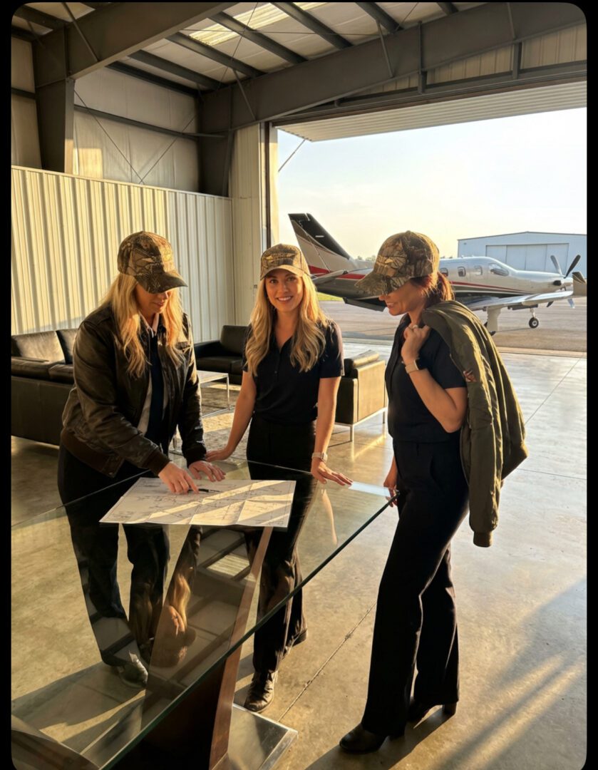 Three people in hangar with airplane.