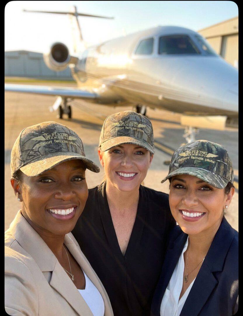 Three women smiling in front of airplane.