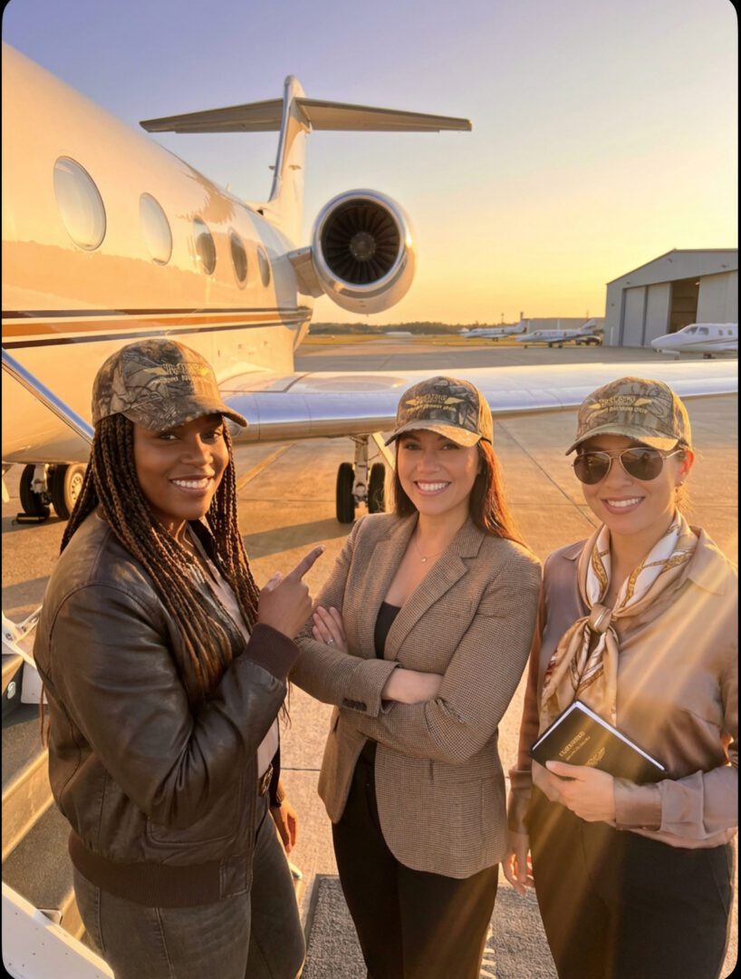 Three women in caps by private jet.
